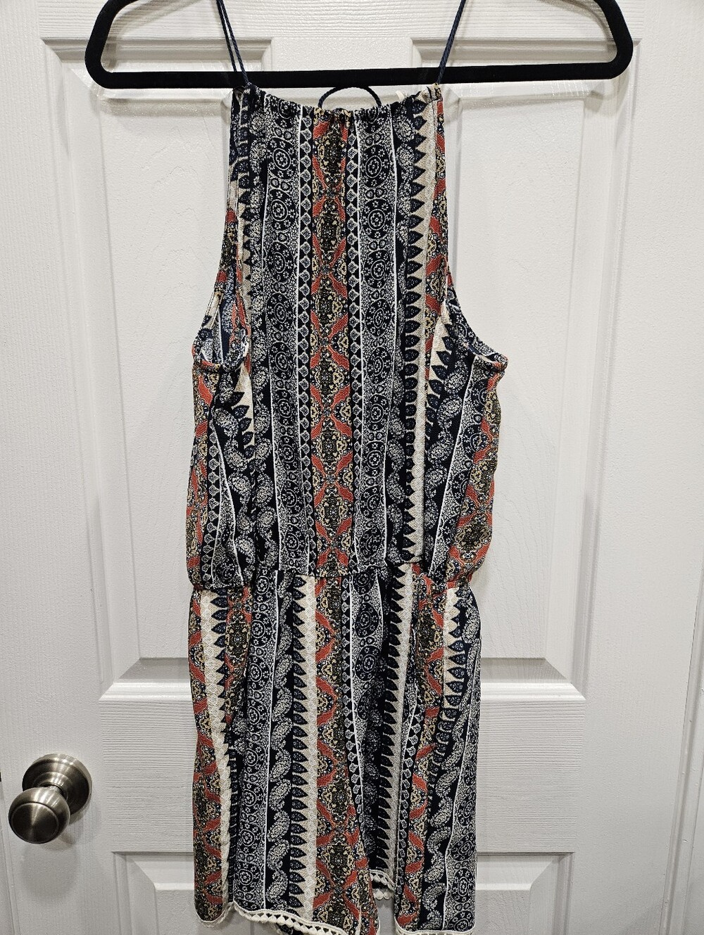 Mind Code Boho Geometric Halter Romper with Crochet Trim